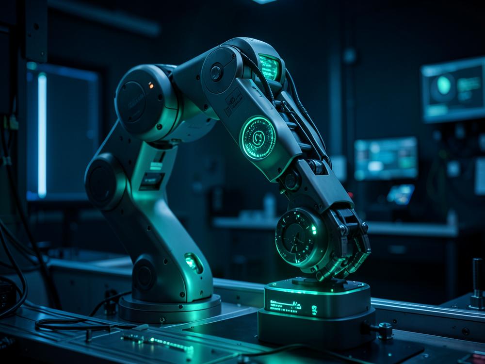 Präzisionsroboterarm in einem Labor mit türkisfarbenem Licht