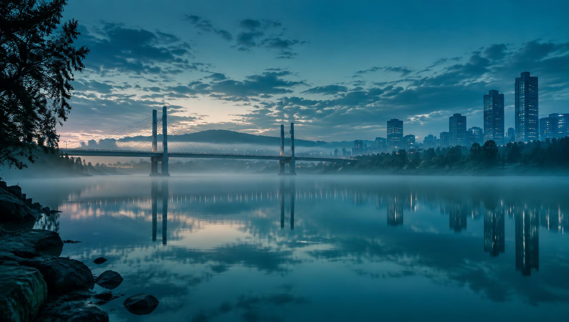 Ruhiger Fluss in der blauen Stunde mit moderner Brücke im Hintergrund